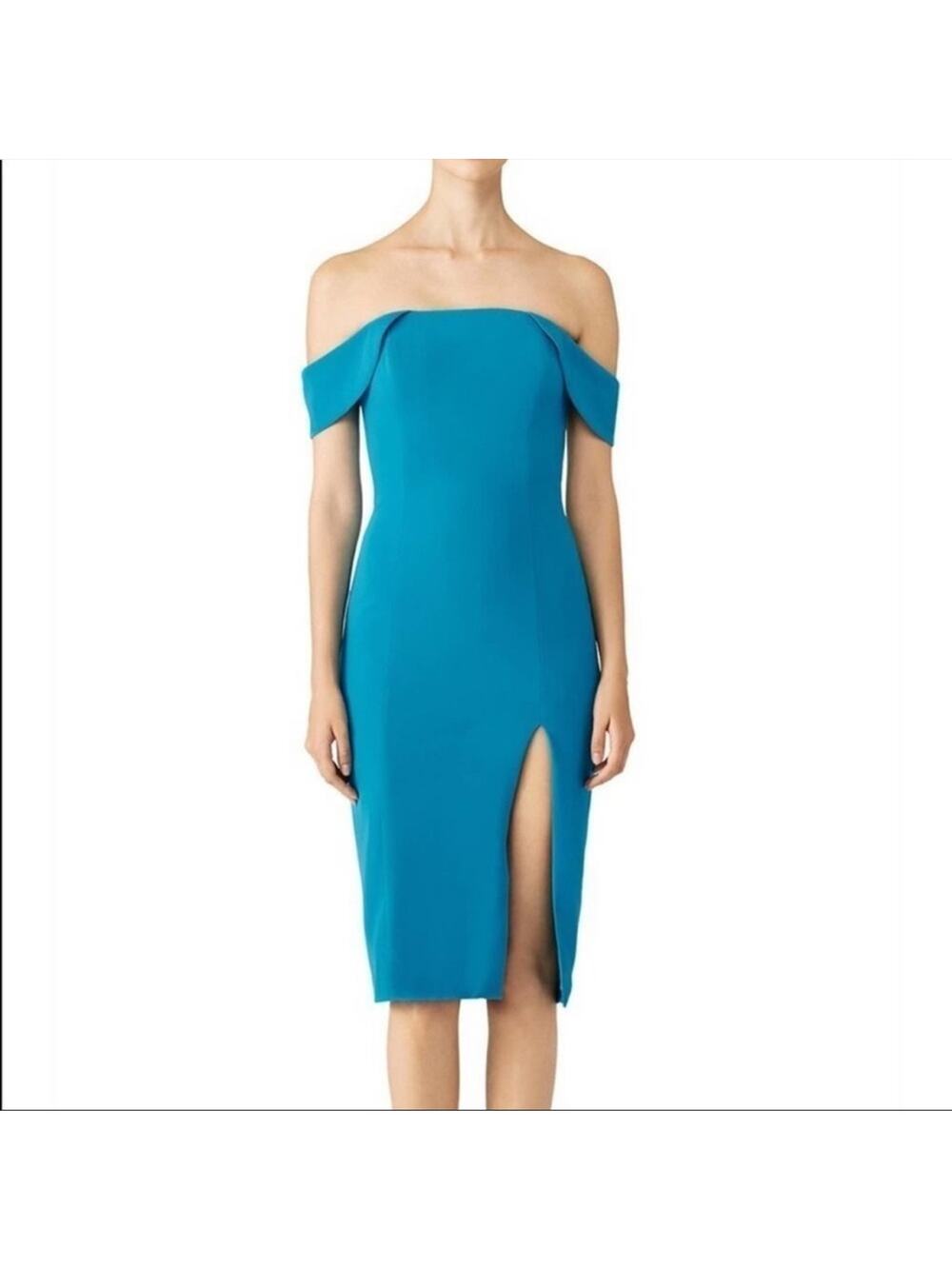 JAYGODFREY blue off shoulder dress midi side slit body con